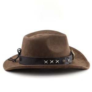 Detail of dark brown felt cowboy hat featuring leather band with star studs and X-stitching