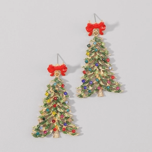 Detailed view of Christmas tree earrings with colorful rhinestones and red bows