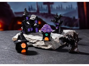 Detailed resin Halloween miniature set featuring spooky houses, ghost trees, and bat ornaments