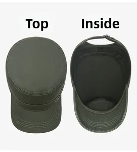 Detailed views of army green camo flat top cap with metal buckle and stitching