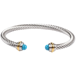 Detail of silver twisted cable bracelet with golden accents and blue gemstones