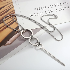 Minimalist silver titanium steel long necklace featuring hollow circles and bar pendant
