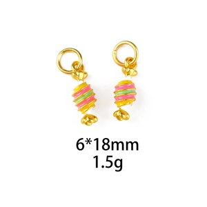 Detail showing 6x18mm gold-plated candy charm pendants with colorful enamel stripes