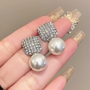 Elegant French style pearl earrings featuring square rhinestone studs and round drops