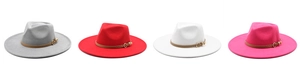 Détails de chapeaux fedora à large bord en gris, rouge, blanc et rose avec ceinture