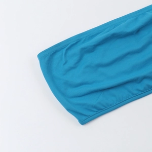 Detail of lake blue knitted dress showing elastic mesh fabric and double-needle stitching