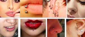 Collage of stainless steel horseshoe rings showing piercings on nose, lips and ears