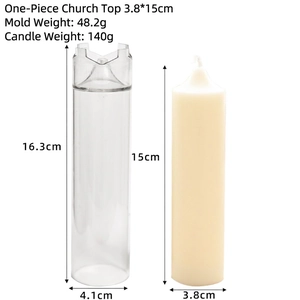 Detailed dimensions of transparent gothic church top candle mold and finished wax pillar