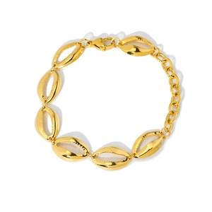 Detail of 18K gold-plated shell-shaped charms and chain on a minimalist bracelet