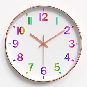 Close-up of 30cm clock with rose gold frame and 3D rainbow gradient numeric markers