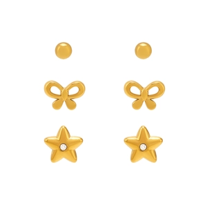 Three-pair gold stainless steel stud set with bow, star, and minimalist round designs