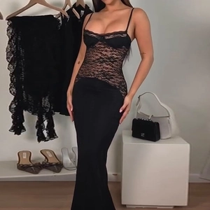 Women Sexy Black Lace Patchwork Maxi Dress Sleeveless Spaghetti Strap Backless Bodycon Elegant Evening Party Clubwear