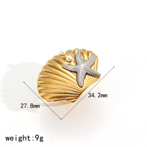 Detailed view of gold shell earrings with starfish and pearls including dimensions