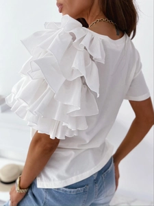 Detail showing layered ruffle short sleeves on a white minimalist crew neck summer T-shirt