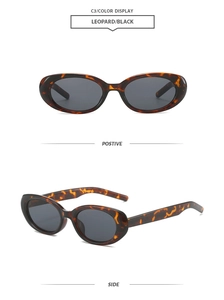 Front and side views of retro oval leopard print sunglasses with dark black lenses
