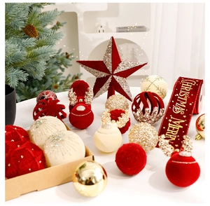Detailed Christmas ornament set featuring red velvet balls, gold glitter, and elk shapes