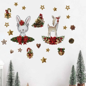 Autocollants Muraux Noël PVC Auto-adhésif Amovible Dessin Animé Lapin Cerf Ours Étoiles Décoration Hiver