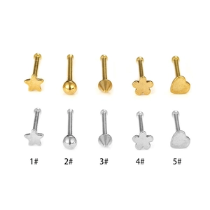 Set of 20G stainless steel nose studs in gold and silver with star and heart shapes