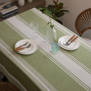 Japanese style green and white striped cotton linen rectangular tablecloth for dining table