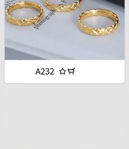 Detail of three gold quilted-style rings on a magazine page with textured engraving