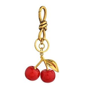 Chic red cherry resin pendant keychain with golden leaf on a polished metal hook