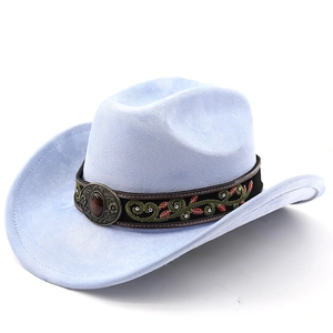 Detailed close-up of light blue suede western cowboy hat with floral embroidery and buckle