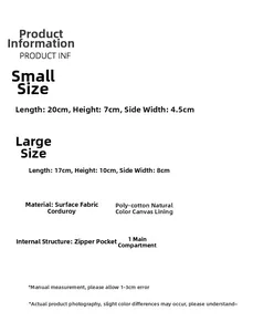 Size guide for corduroy pouches showing dimensions for small and large storage bags