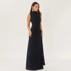 Elegant sleeveless black glitter maxi dress with high neck and fishtail silhouette
