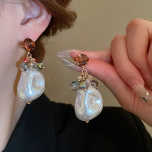 Baroque pearl drop earrings with colorful crystal beads and gold metal accents