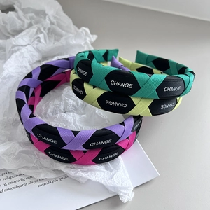 Braided wide sponge headband with letter print and colorful cross woven texture details