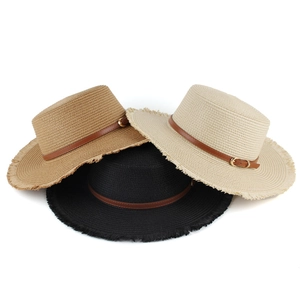Flat top straw sun hat for women with leather band and fringe brim in three colors