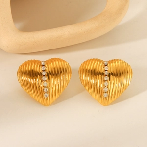 18k gold plated stainless steel heart earrings with vertical stripes and zircon inlay