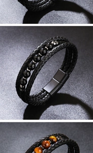 Detailed shot of multi-layer braided leather bracelet with tiger eye beads and magnetic clasp