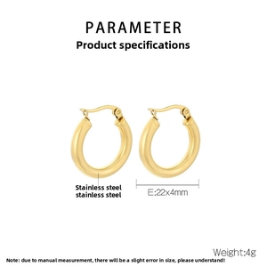 Detailed view of 22x4mm golden stainless steel hoop earrings with size and weight specs