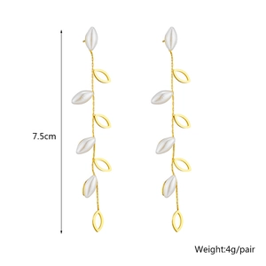Elegant gold leaf tassel drop earrings with white pearl accents, length 7.5cm, weight 4g
