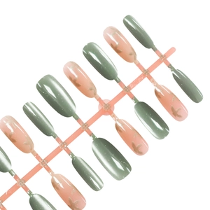Short round press-on nails with pearl grey-green finish and swallow print patterns