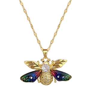 Luxurious gold titanium bee necklace with colorful gradient wings and sparkling zircons