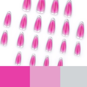 Rose red gradient almond press-on nails with silver French loop and glossy finish