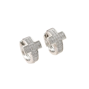 Elegant silver cross hoop earrings with sparkling cubic zirconia pavé for women