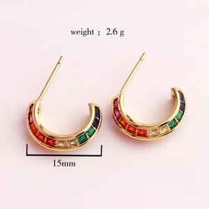 Rainbow CZ micro paved C-shaped hoop earrings in gold finish, weight 2.6g and size 15mm