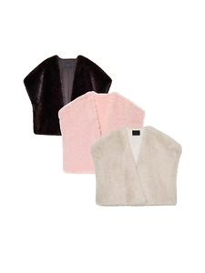Women's faux mink fur vest in black, pink, and beige with a soft, fluffy texture