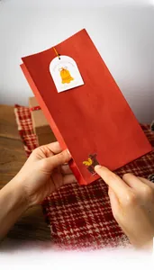 Detail of red Christmas gift bag with cartoon reindeer sticker and festive tag