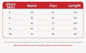 Gedetailleerde maattabel met taille, heupen en lengte voor sportrokje in maten S tot 2XL