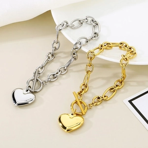 Stainless Steel Heart Pendant Bracelet Chunky Chain Toggle Clasp Fashion Jewelry For Women