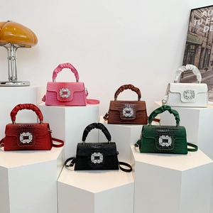 Crocodile pattern leather crossbody bags with rhinestone buckles in multiple colors