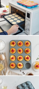 Detailed macro view of 12-cup silicone muffin mold with durable and non-stick grey texture