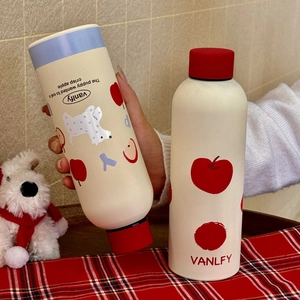 Detail of insulated stainless steel bottles with puppy and apple prints on plaid fabric