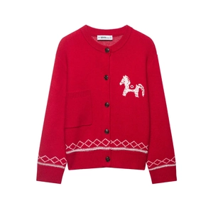 Red Knitted Cardigan Sweater Horse Jacquard Round Neck Button Up Geometric Embroidery Autumn Winter Knitwear Women