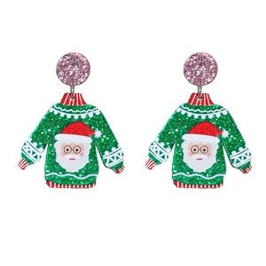 Orecchini a forma di maglione natalizio in acrilico verde con perni rosa glitterati