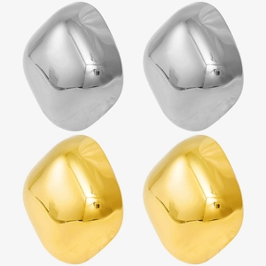 Detail of square vintage 304 stainless steel earrings in liquid gold and silver finishes